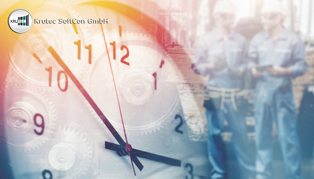 Eine Uhr, Zahnräder und Arbeiter bilden eine Kollage aus überblendeten Bildern